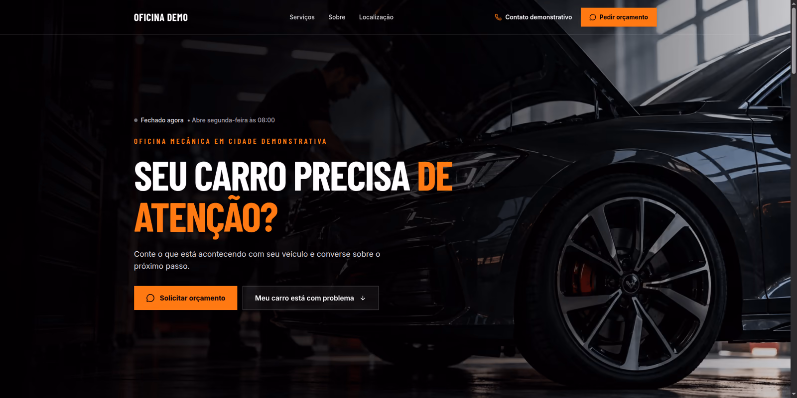 Página inicial do modelo de site para oficinas e reparos, com destaque para o menu, a seção de serviços e o formulário de contato.