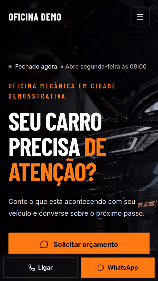 Página inicial do modelo de site para oficinas e reparos, com destaque para o menu, a seção de serviços e o formulário de contato.